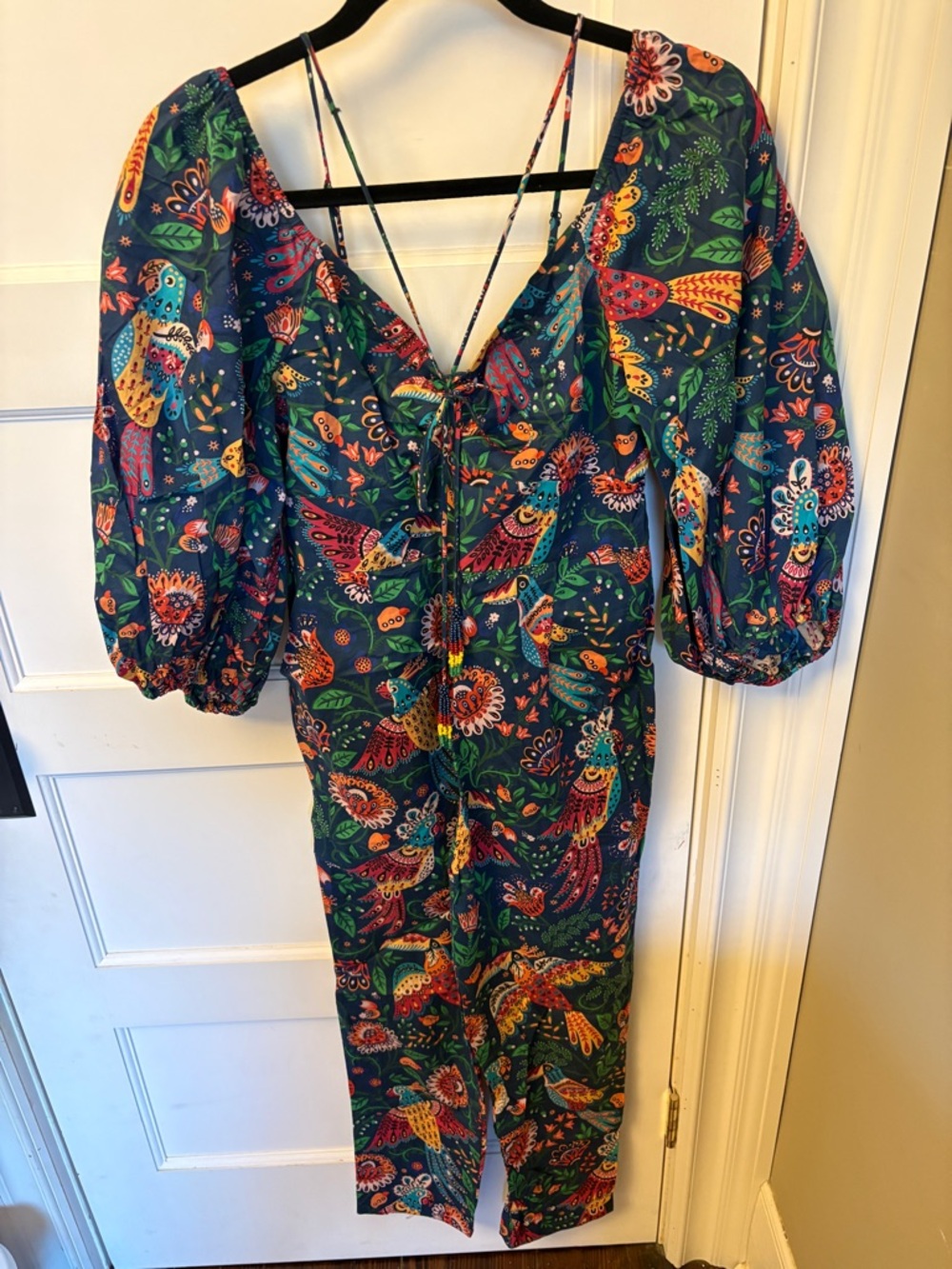 Farm Rio Vibrant Floral Bird Print Jumpsuit - Navy Background